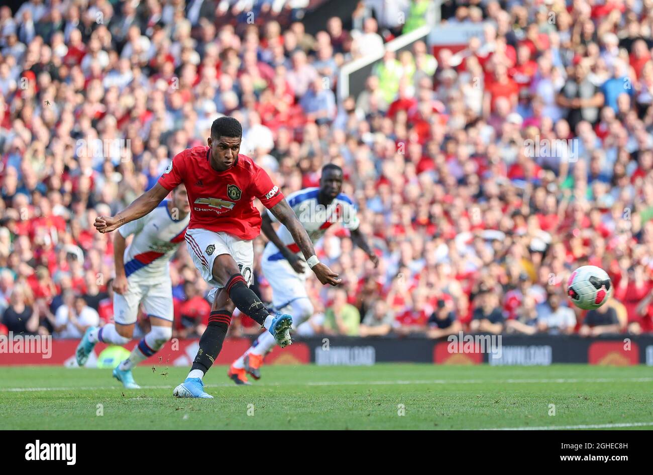 Marcus Rashford of Manchester United misses a penalty kick during the Premier League match at Old Trafford, Manchester. Picture date: 24th August 2019. Picture credit should read: James Wilson/Sportimage via PA Images Stock Photo