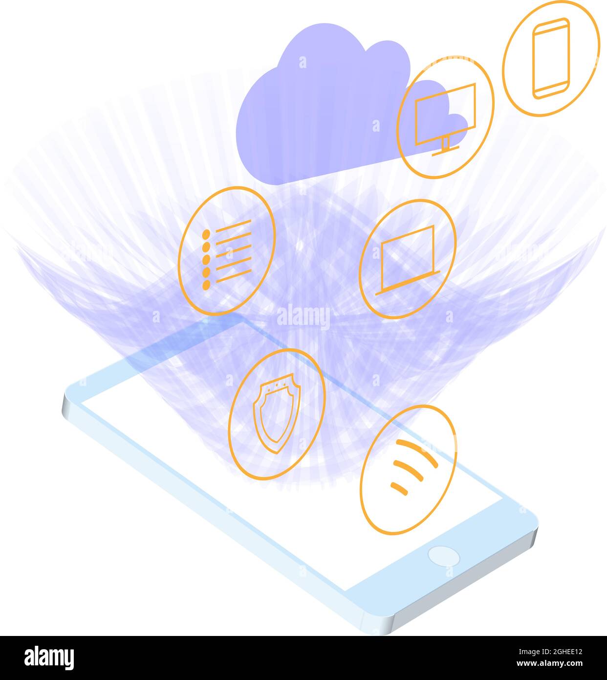 Storing, storing and exchanging data between different devices using a cloud service. Stock Vector