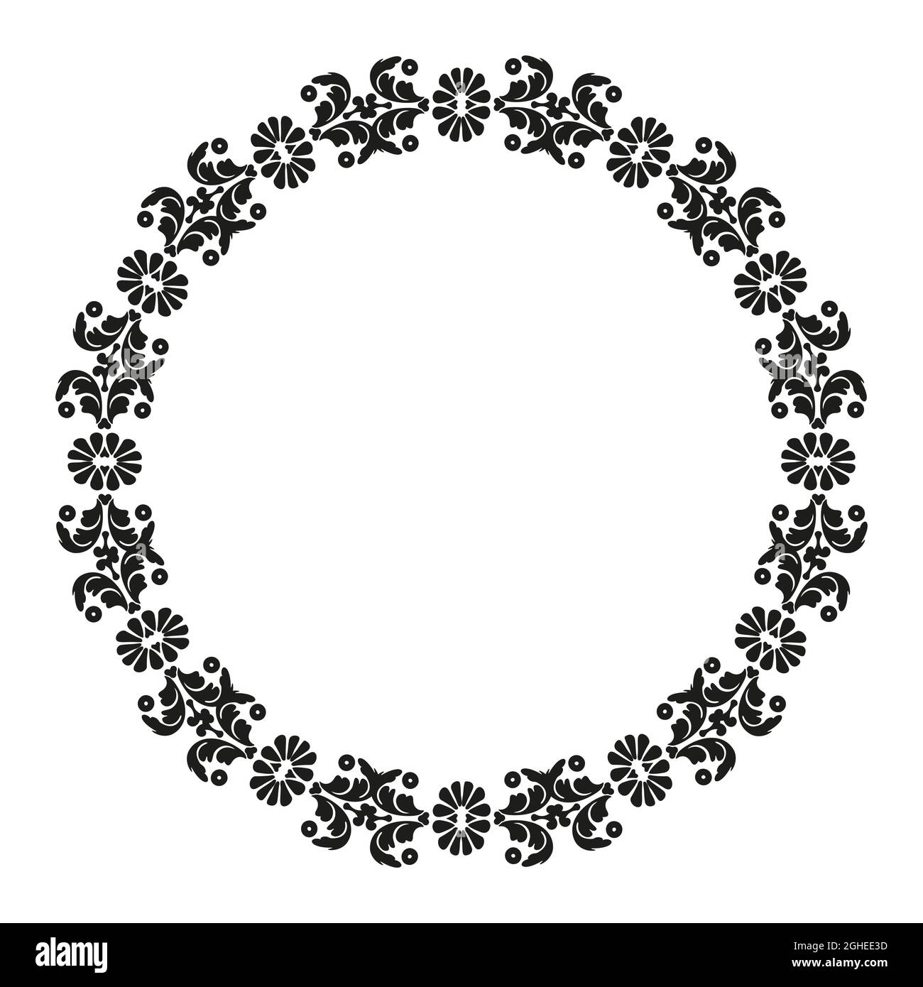 Damask circular pattern. Frame with decorative vintage floral elements. Black and white. Vintage frame. Stock Vector