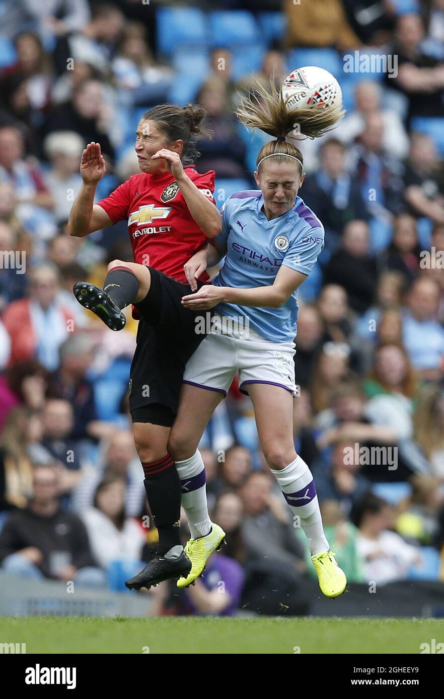 Jane Ross of Manchester United Women challenges of Keira Walsh of Manchester City Women during the The FA WomenÕs Super League match at the Etihad Stadium, Manchester. Picture date: 7th September 2019. Picture credit should read: Andrew Yates/Sportimage via PA Images Stock Photo