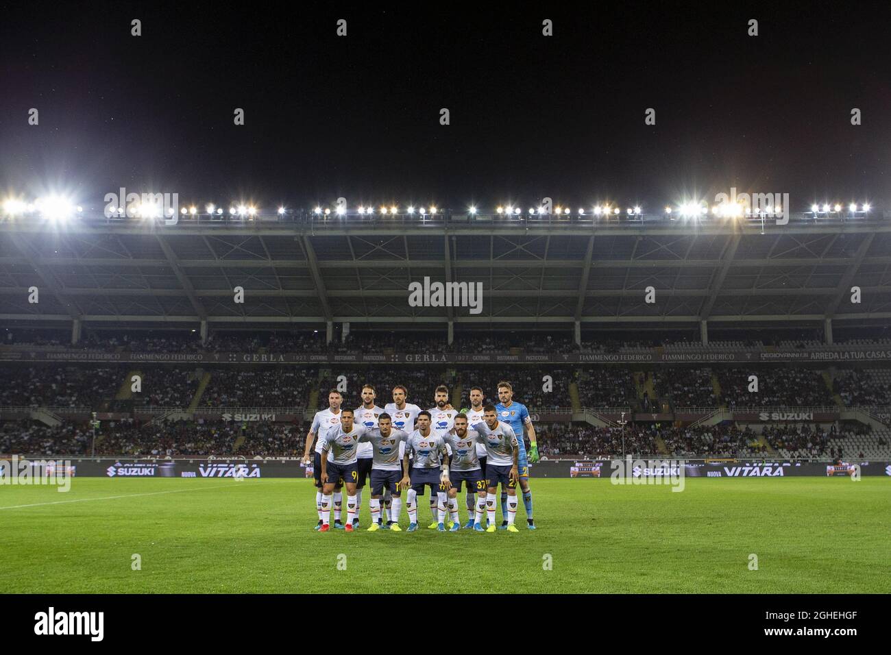 The US Lecce starting eleven line up for e team photo before kick off, back row ( L to R ); Fabio Lucioni, Panagiotis Tachtsidis, Andrea Tabanelli, Luca Rossettini, Andrea Rispoli and Gabriel, front row ( L to R ); Gianluca Lapadula, Filippo Falco, Diego Farias, Zan Majer and Marco Calderoni during the Serie A match at Stadio Grande Torino, Turin. Picture date: 16th September 2019. Picture credit should read: Jonathan Moscrop/Sportimage via PA Images Stock Photo