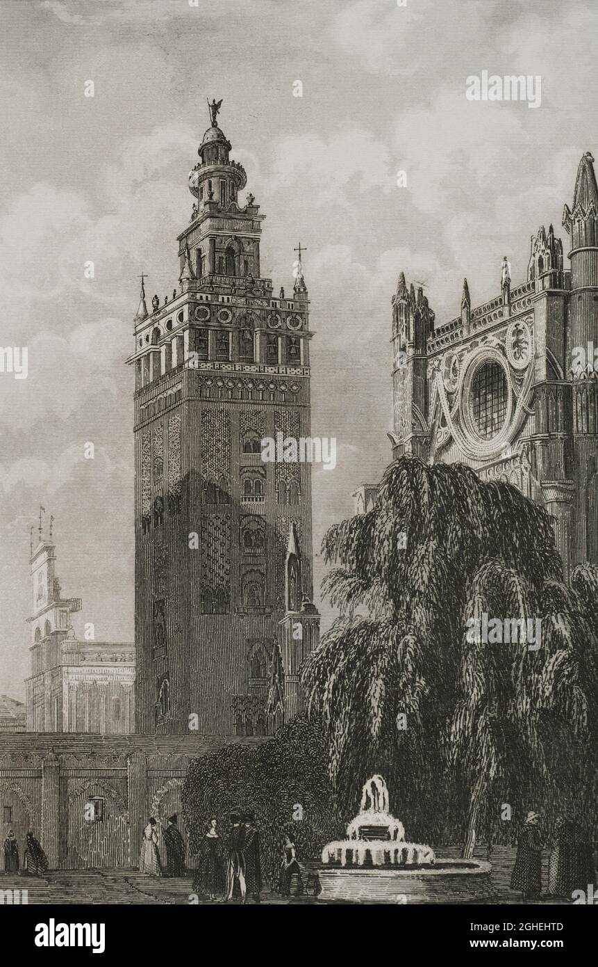 Spain, Andalusia, Seville. The Cathedral with the Giralda. Engraving. Las Glorias Nacionales. Volume III, Madrid-Barcelona edition, 1853. Stock Photo