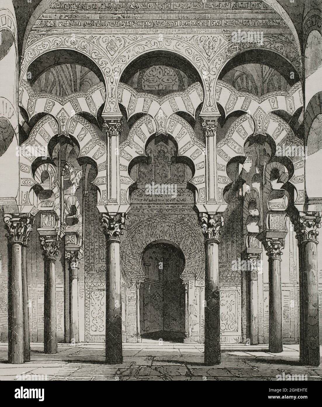 Spain, Andalusia, Cordoba. Great Mosque of Cordoba or Cathedral of Our Lady of the Assumption. Interior. Lobed arches in the anteroom of the Mihrab. Engraving. Las Glorias Nacionales. Volume III, Madrid-Barcelona edition, 1853. Stock Photo
