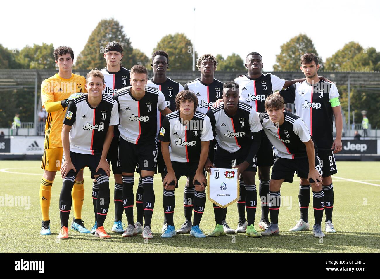 The Juventus starting eleven line up for a team photo, back row ( L to R ); Alessandro Siano, Radu Dragusin, Naouirou Ahamada, Mamadou Kaly Sene, Paolo Gozzi Iweru and Matteo Anzolin, front row ( L to R ); Nikola Sekulov, Daniel Cosimo Osvaldo Leo, Pablo Moreno, Franco Tongya and Nicolo Fagioli during the UEFA Youth Champions League match at the Juventus Center, Vinovo. Picture date: 1st October 2019. Picture credit should read: Jonathan Moscrop/Sportimage via PA Images Stock Photo