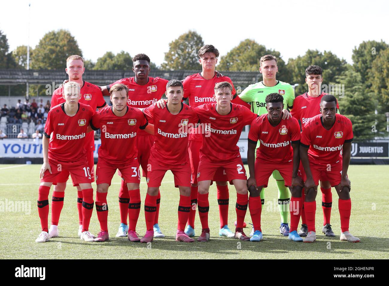 Te Bayer Leverkusen starting eleven line up for a team photo before kick off, back row ( L to R ); Fabian Ruth, Kevin Bukusu, Mark Martin Lamti, Marcel Lotka and Ayman Azhil, front row ( L to R ); Marco Ferdinand Wolf, Adrian Stanilewicz, Cem Tuna Turkmen, Leon Gaedicke, Christopher Scott and Hans-Alexandre Anapak-Baka during the UEFA Youth Champions League match at the Juventus Center, Vinovo. Picture date: 1st October 2019. Picture credit should read: Jonathan Moscrop/Sportimage via PA Images Stock Photo