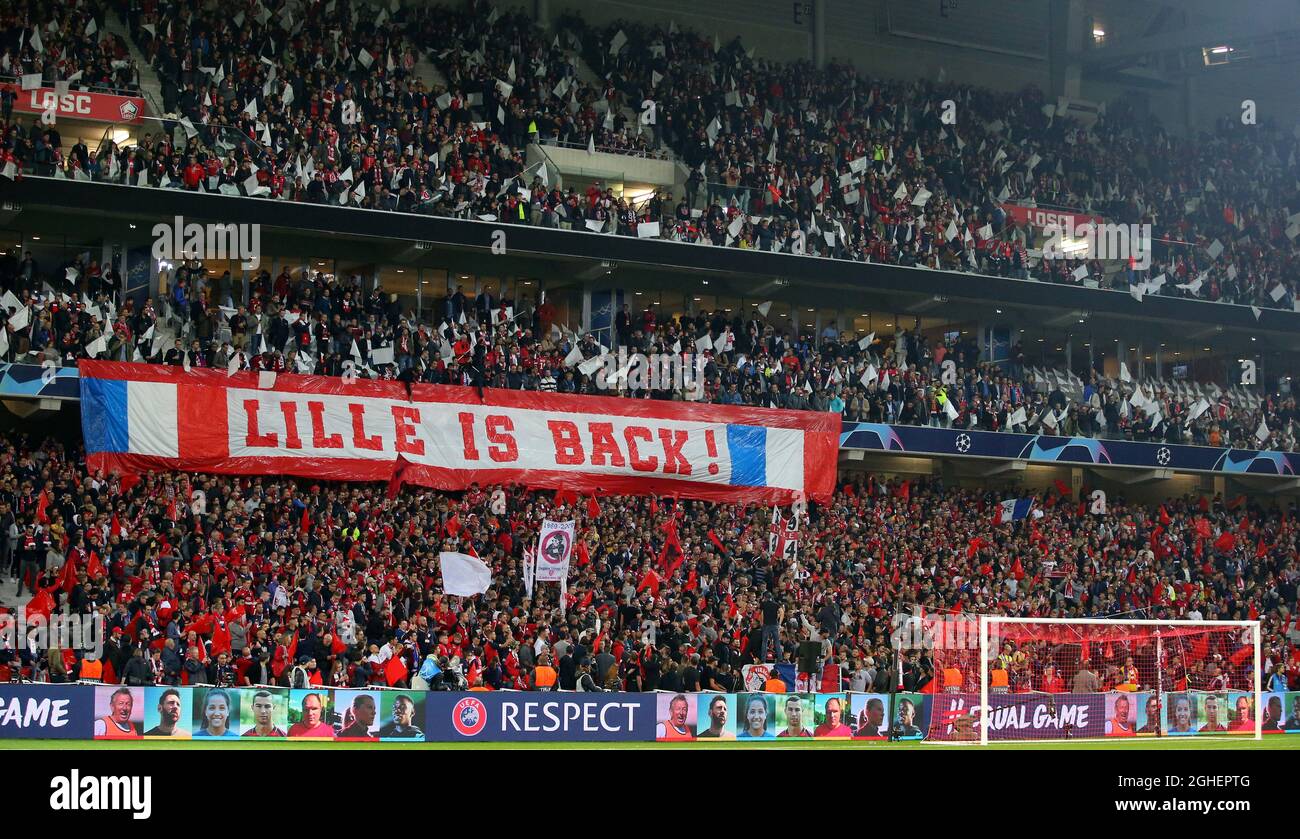 Lille Fans with a banner saying "Lille is Back" during the UEFA Champions  League match at Stade Pierre Mauroy, Lille. Picture date: 2nd October 2019.  Picture credit should read: Paul Terry/Sportimage via