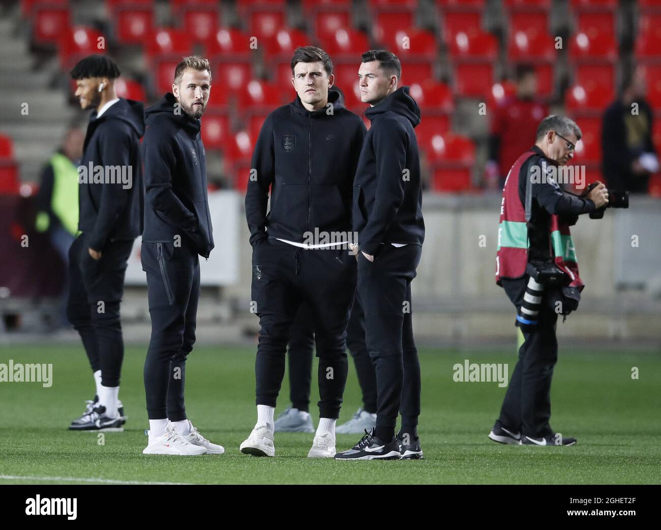Harry Kane, Harry Maguire and Michael Keane of Everton during the UEFA Euro 2020 Qualifying match at the Sinobo Stadium, Prague. Picture date: 11th October 2019. Picture credit should read: David Klein/Sportimage via PA Images Stock Photo