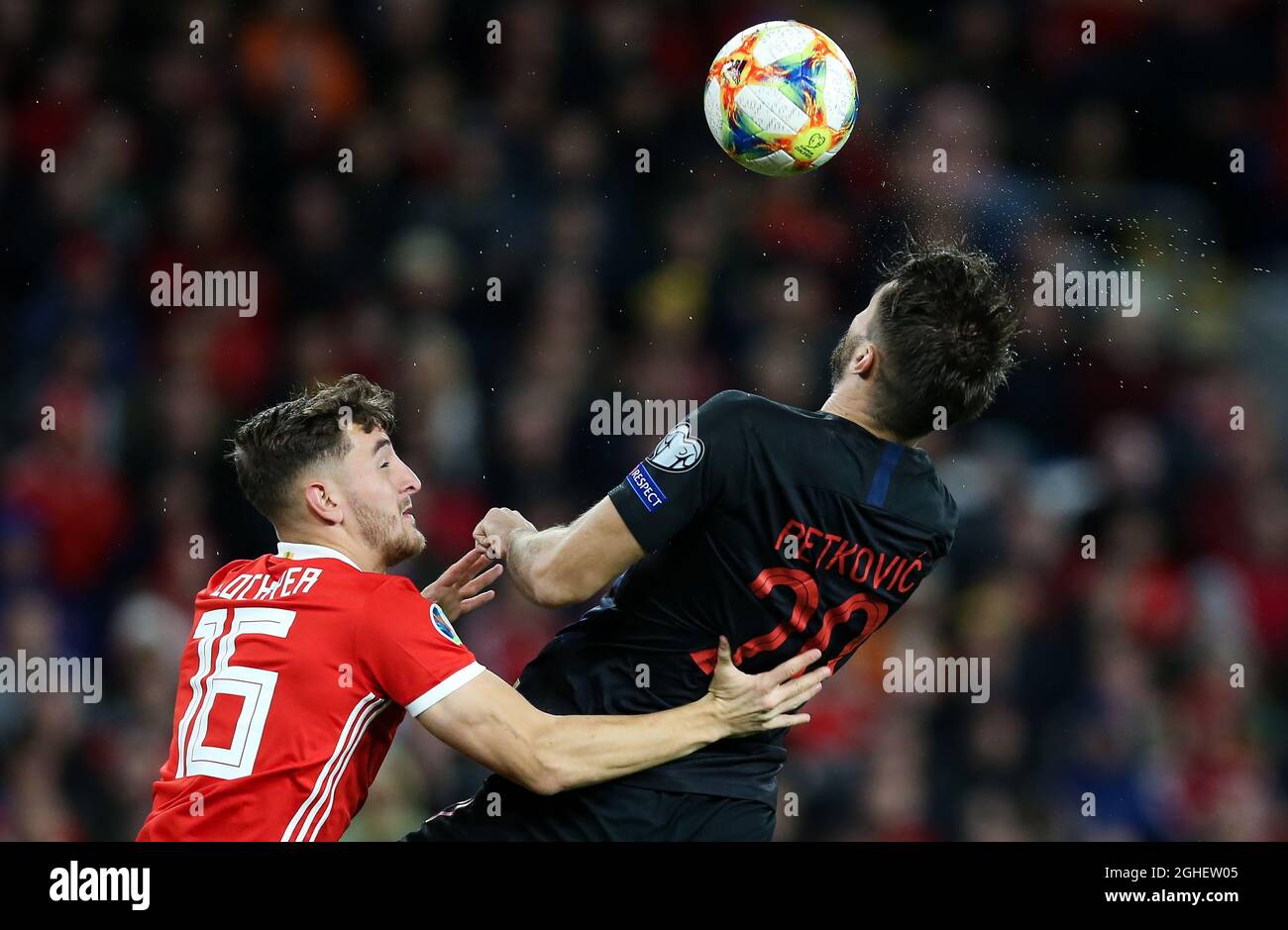 Tom Lockyer (L) of Wales and Bruno Petkovic of Croatia battle for the ball in the air during the UEFA Euro 2020 Qualifying match at the Cardiff City Stadium, Cardiff. Picture date: 13th October 2019. Picture credit should read: James Wilson/Sportimage via PA Images Stock Photo