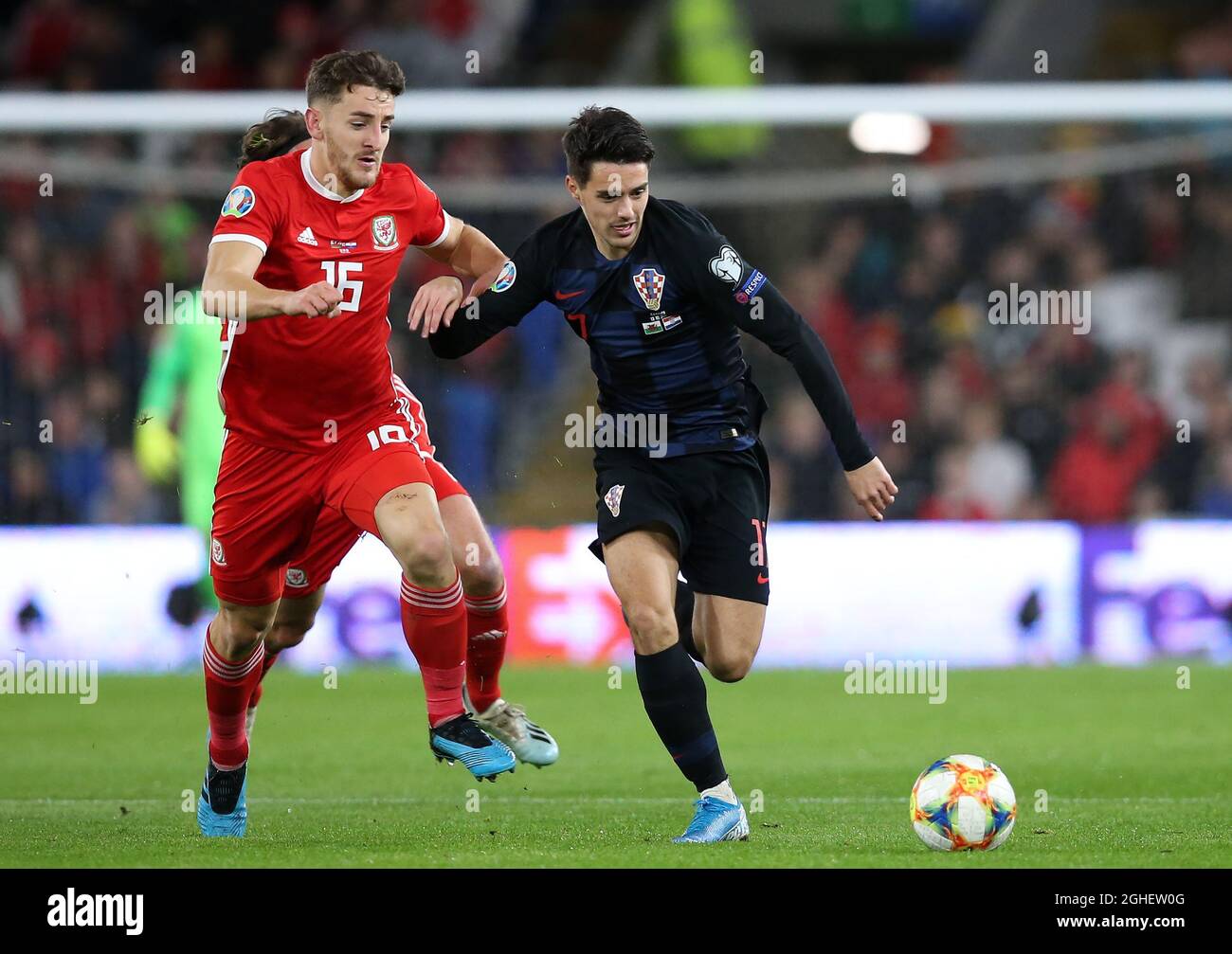 Tom Lockyer (L) of Wales pressures Josip Brekalo of Croatia during the UEFA Euro 2020 Qualifying match at the Cardiff City Stadium, Cardiff. Picture date: 13th October 2019. Picture credit should read: James Wilson/Sportimage via PA Images Stock Photo