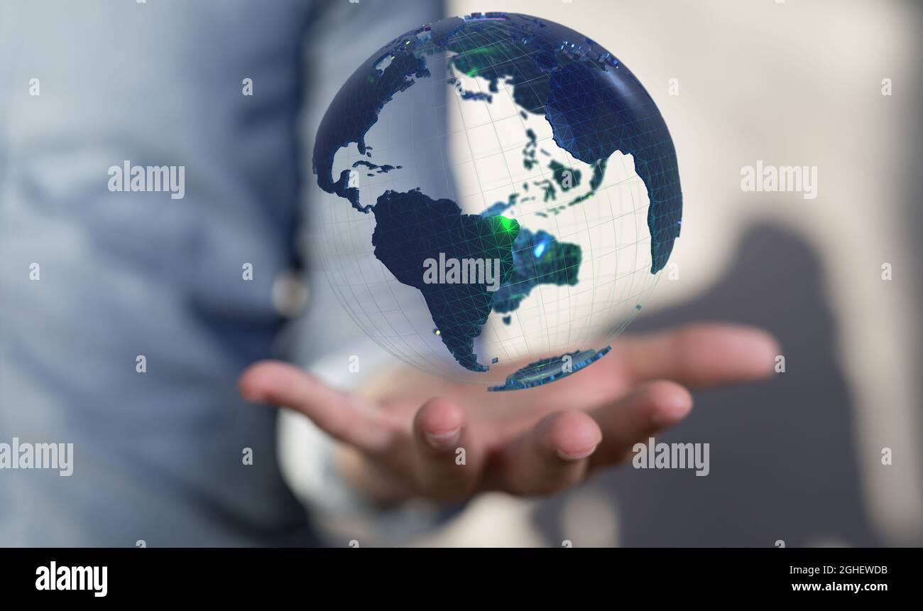 Closeup of a 3D rendered globe hologram hovering over a man's palm ...