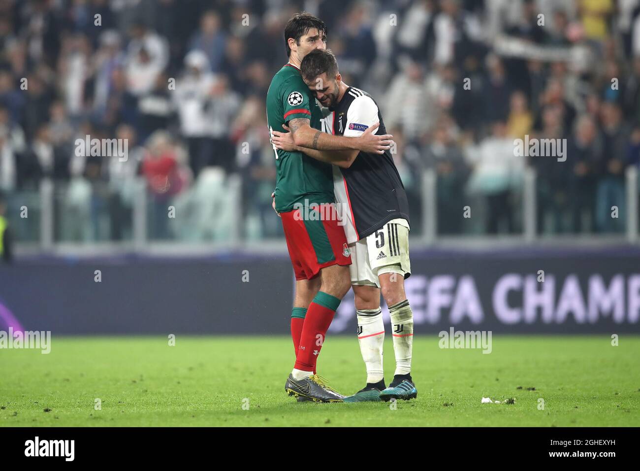 Vedran Corluka of Lokomotiv Moscow salutes Miralem Pjanic of Juventus after the UEFA Champions League match at Allianz Stadium, Turin. Picture date: 22nd October 2019. Picture credit should read: Jonathan Moscrop/Sportimage via PA Images Stock Photo