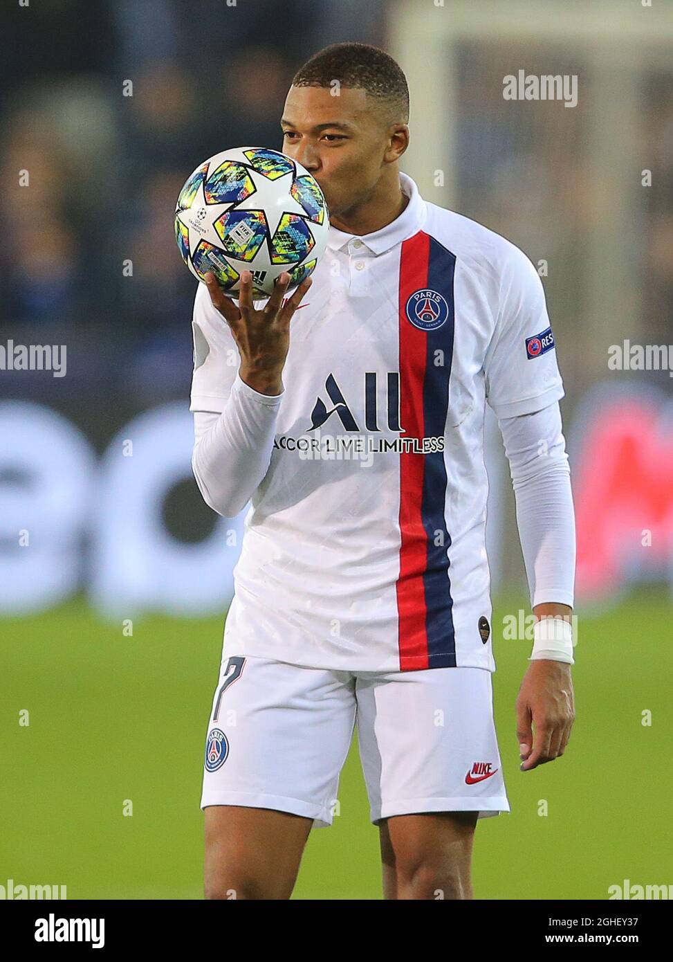 PSGÕs Kylian Mbappe kisses the match ball after scoring a hat-trick during  the UEFA Champions League match at Jan Breydel Stadium, Brugge. Picture  date: 22nd October 2019. Picture credit should read: Paul