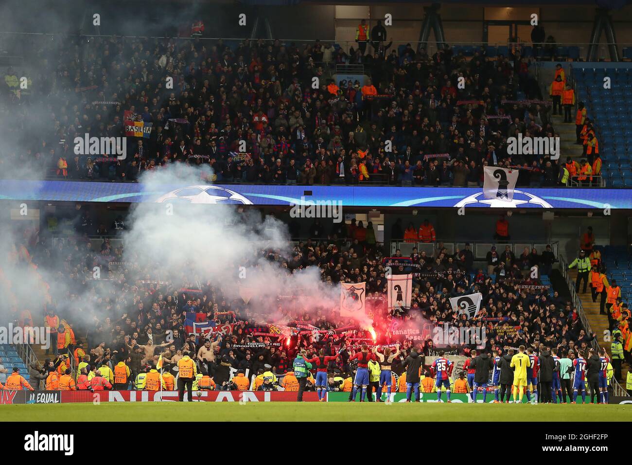 FC Basel players celebrate with fans after the match - Manchester City v FC Basel, UEFA Champions League, Round of 16 - Second Leg, Etihad Stadium, Manchester - 7th March 2018. Stock Photo
