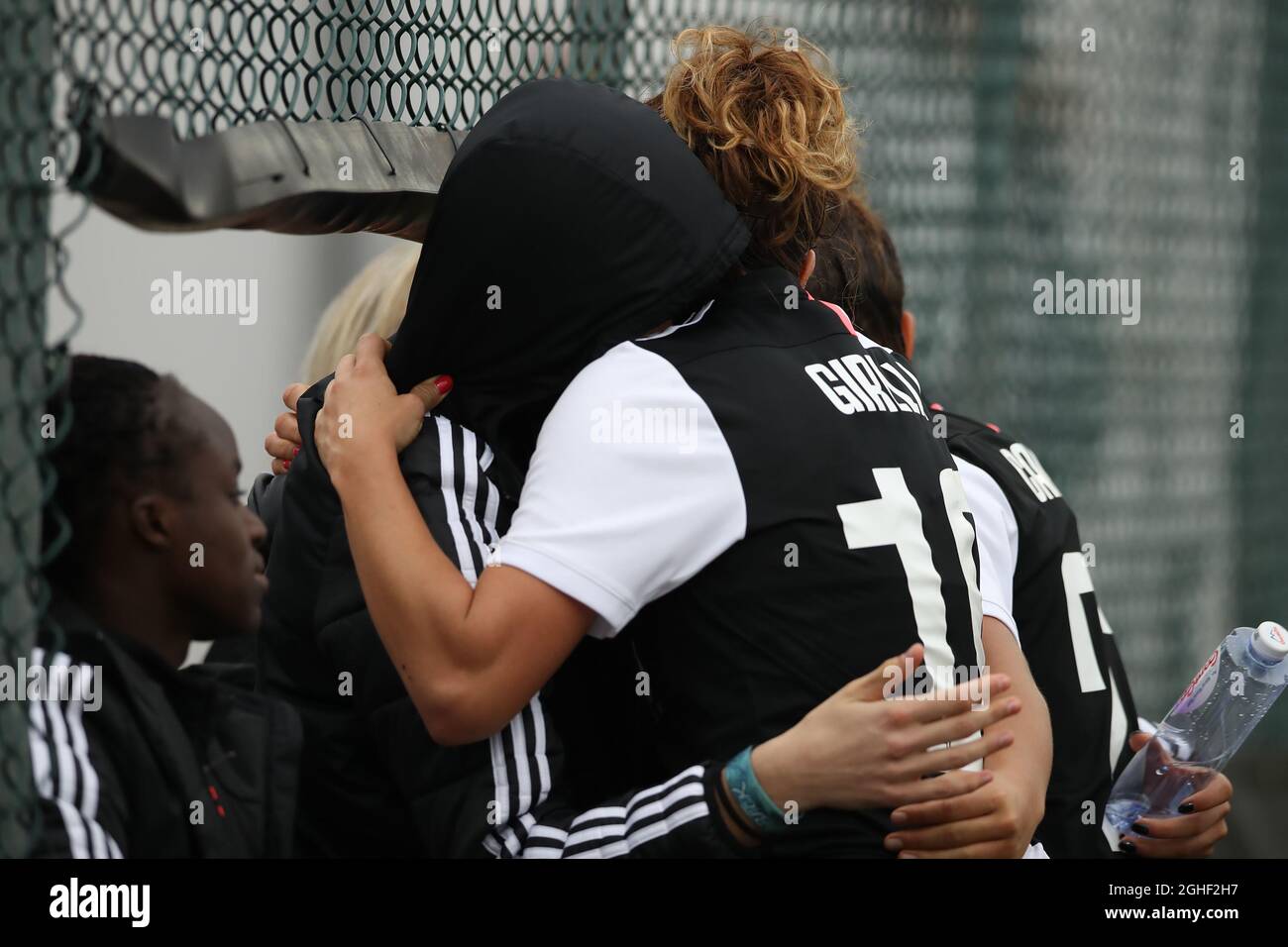 Cristiana Girelli of Juventus celebrates through the perimeter fence with team mate Doris Bacic who was earlier shown a red card after scoring her second goal to give the side a 3-0 lead during the Serie A Femminile match at the Juventus Center, Vinovo. Picture date: 2nd November 2019. Picture credit should read: Jonathan Moscrop/Sportimage via PA Images Stock Photo