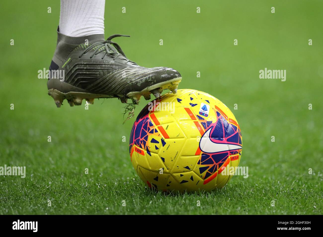 The New Hi-Vis Winter version of the Nike Merlin official Serie A match  ball during the Serie A match at Giuseppe Meazza, Milan. Picture date: 3rd  November 2019. Picture credit should read: