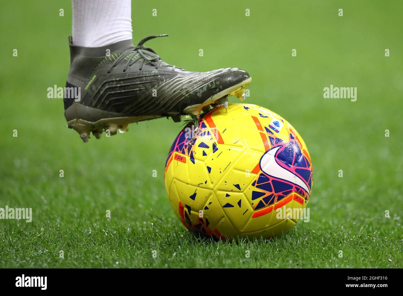 The New Hi-Vis Winter version of the Nike Merlin official Serie A match  ball during the Serie A match at Giuseppe Meazza, Milan. Picture date: 3rd  November 2019. Picture credit should read: