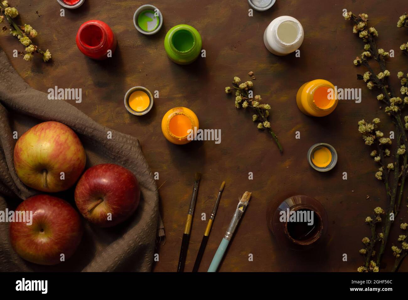 brushes and paints for realistic still life illustration Stock Photo