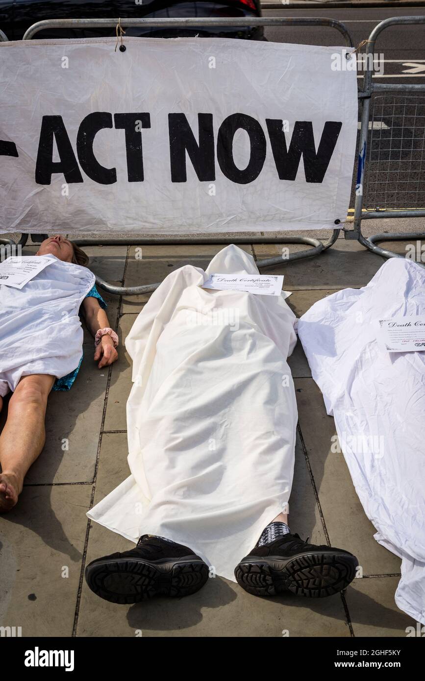 Extinction rebellion Die in protest in front of the Houses of Parliament with protestors covered with white sheet and with sign that highlights the climate change causes of death such as  starvation, drowning, pollution and cholera, Parliament Square, London, UK 06.09.2021 Stock Photo