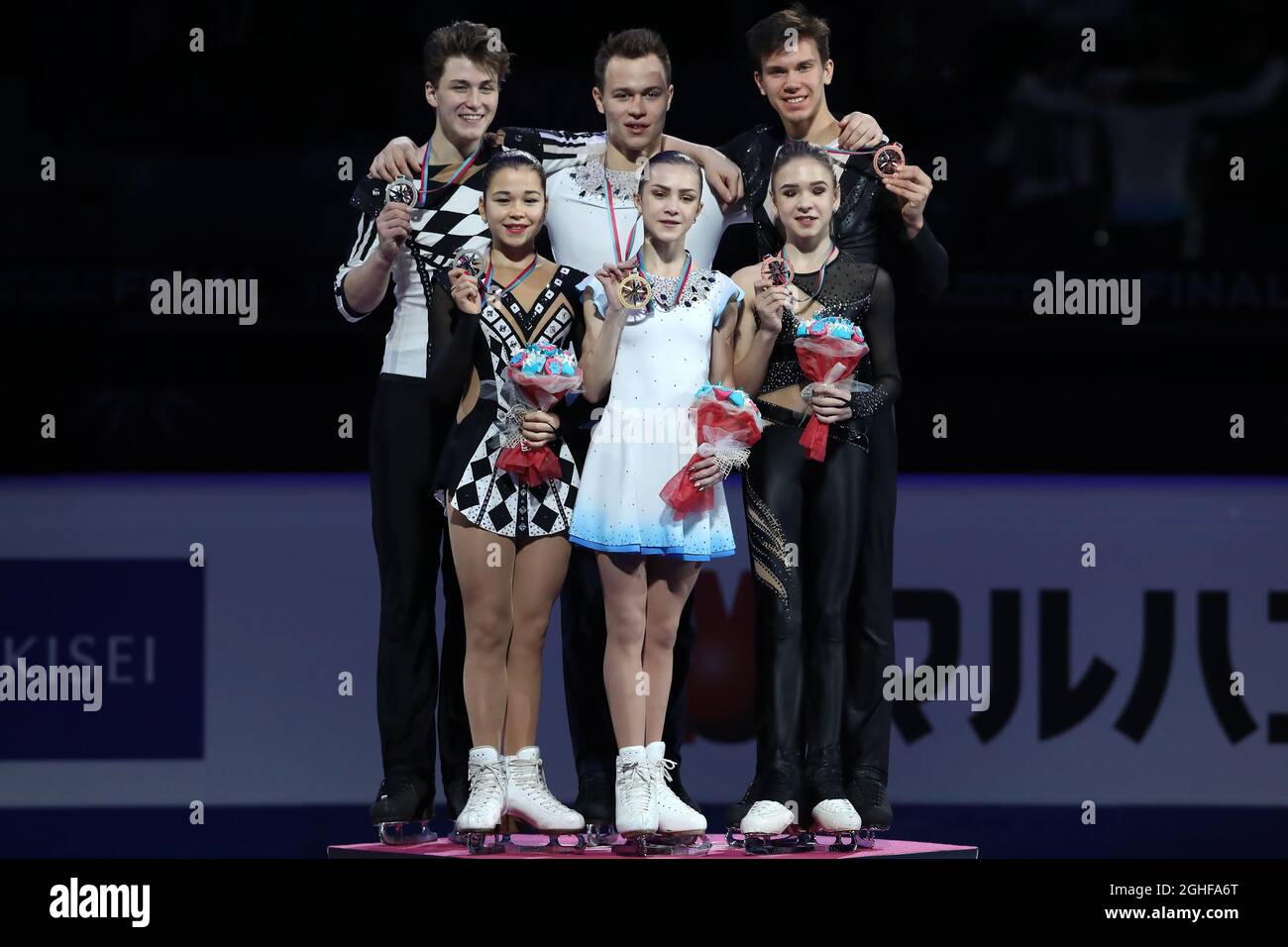 Junior Pairs' medal winners on the podium, ( L to R ), Silver medalists Diana Mukhametzianova and Ilya Mironov of Russia, Gold medalists Apollinariia Panfilova and Dmitry Rylov of Russia and Bronze medalists Kseniia Akhnateva and Valerii Kolesov of Russia at Palavela, Turin. Picture date: 7th December 2019. Picture credit should read: Jonathan Moscrop/Sportimage via PA Images Stock Photo
