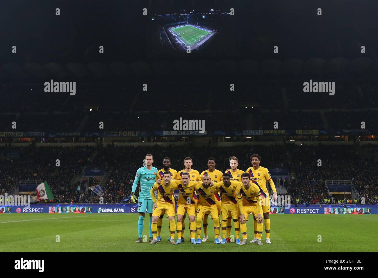The FC Barcelona starting eleven line up for a team photo before kick off, back row ( L to R ); Neto, Samuel Umtiti, Clement Lenglet, Moussa Wague, Ivan Rakitic and Jean-Clair Todibo, front row ( L to R ); Carles Pere, Antoine Griezmann, Arturo Vidal, Junior Firpo and Carles Alena during the UEFA Champions League match at Giuseppe Meazza, Milan. Picture date: 10th December 2019. Picture credit should read: Jonathan Moscrop/Sportimage via PA Images Stock Photo