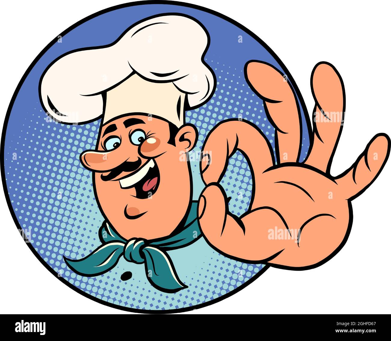 The cook makes an OK gesture. A good menu and the best cuisine poster Stock Vector
