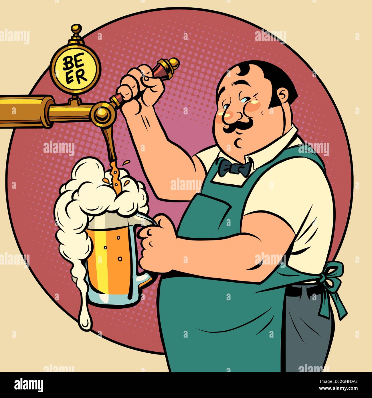 The bartender in the pub is pouring draft beer. Alcoholic beverage, beer restaurant Stock Vector
