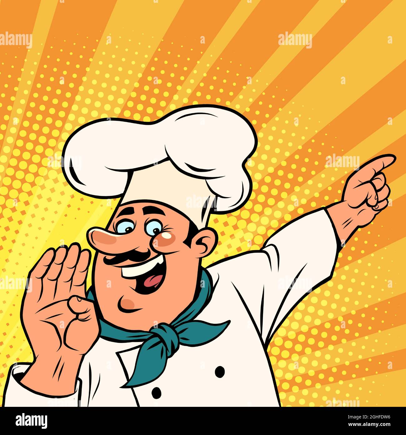 Man chef in a white cap. Smiling face. Professional points a finger Stock Vector