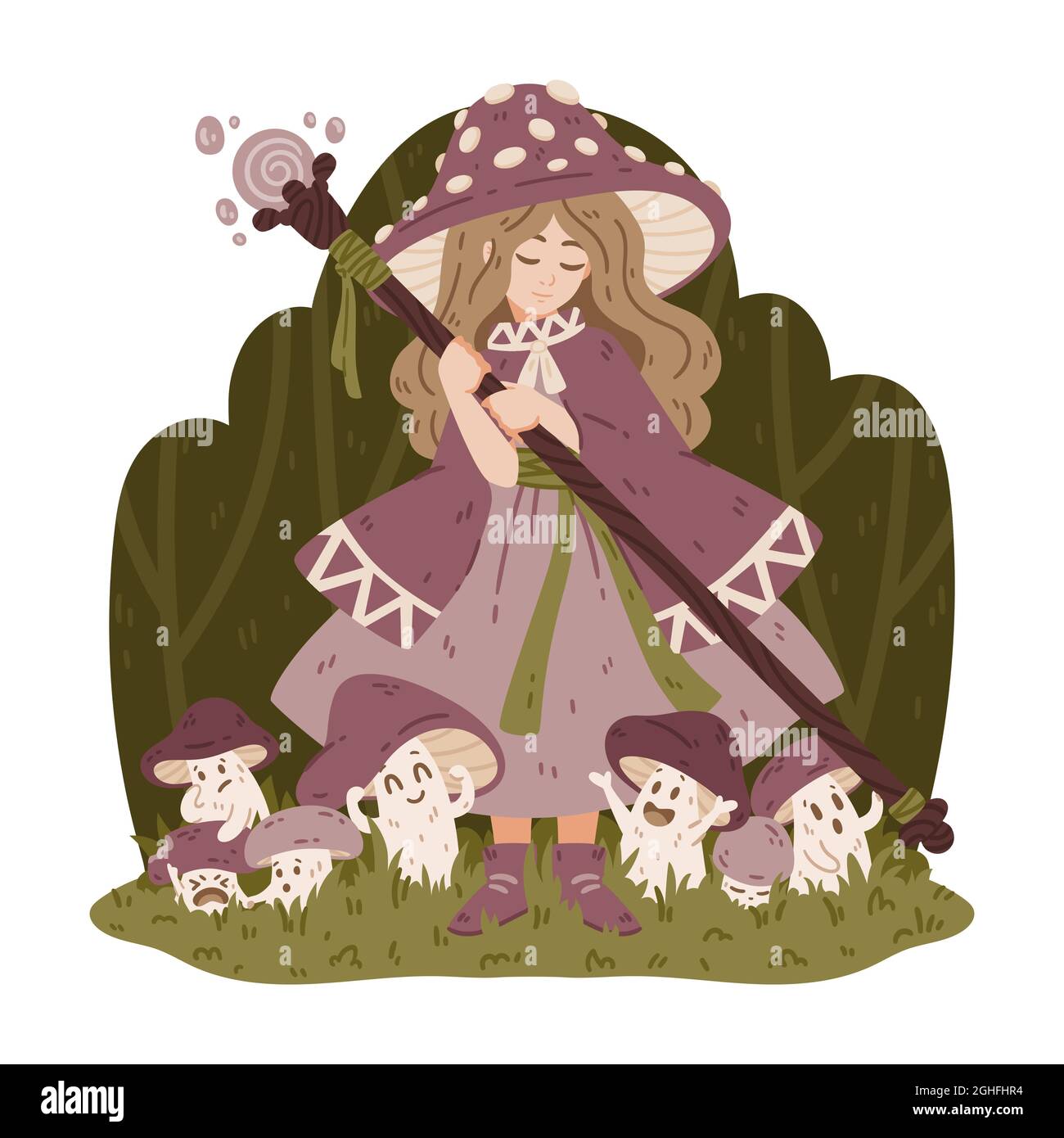Mushroom witch, with a magic staff, a cape and a fly agaric hat. The enchantress grows boletus. Halloween drawing for poster, cards and more. Vector Stock Vector