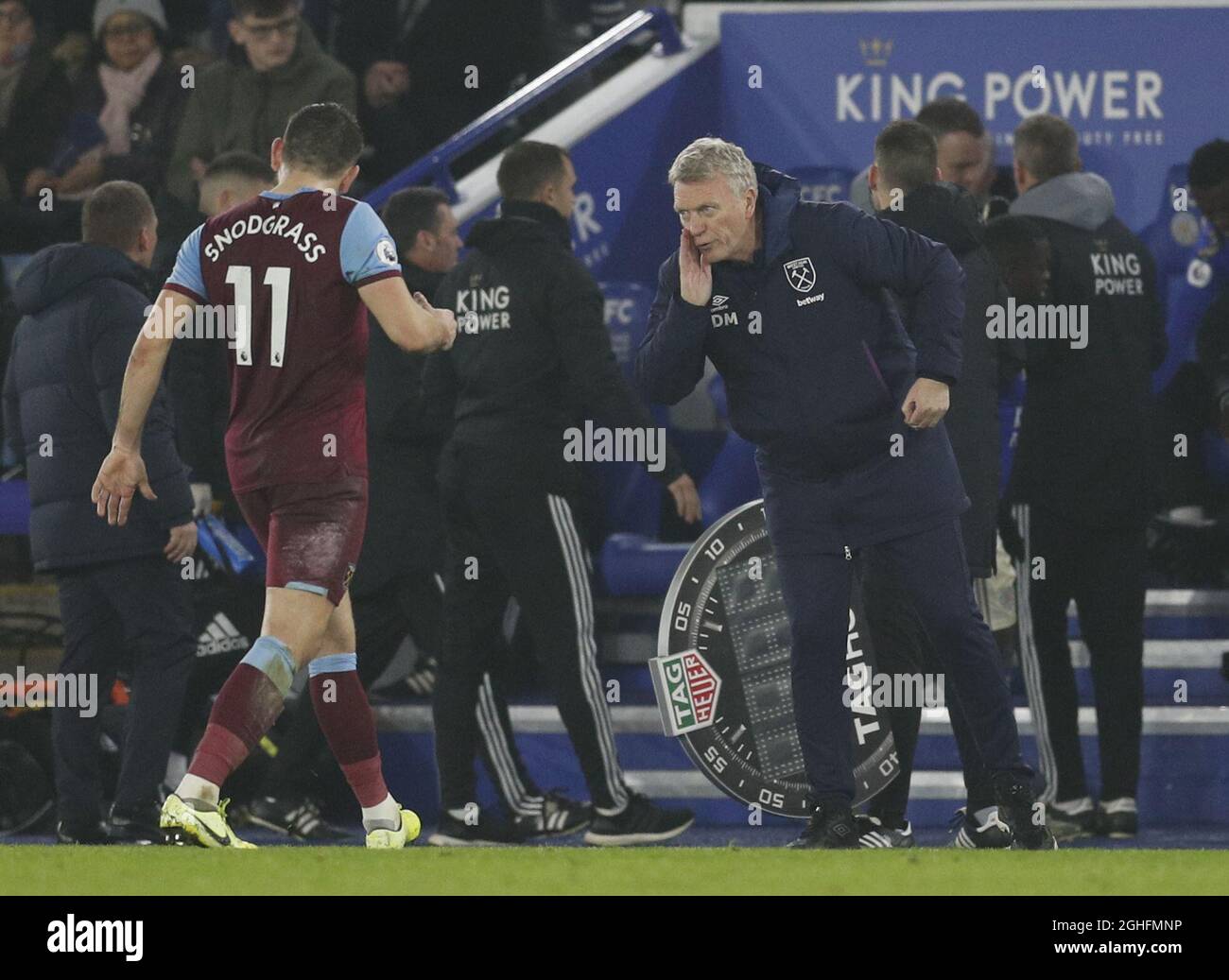 David Moyes manager of West Ham United issues instructions to Robert Snodgrass of West Ham United during the Premier League match at the King Power Stadium, Leicester. Picture date: 22nd January 2020. Picture credit should read: Darren Staples/Sportimage via PA Images Stock Photo