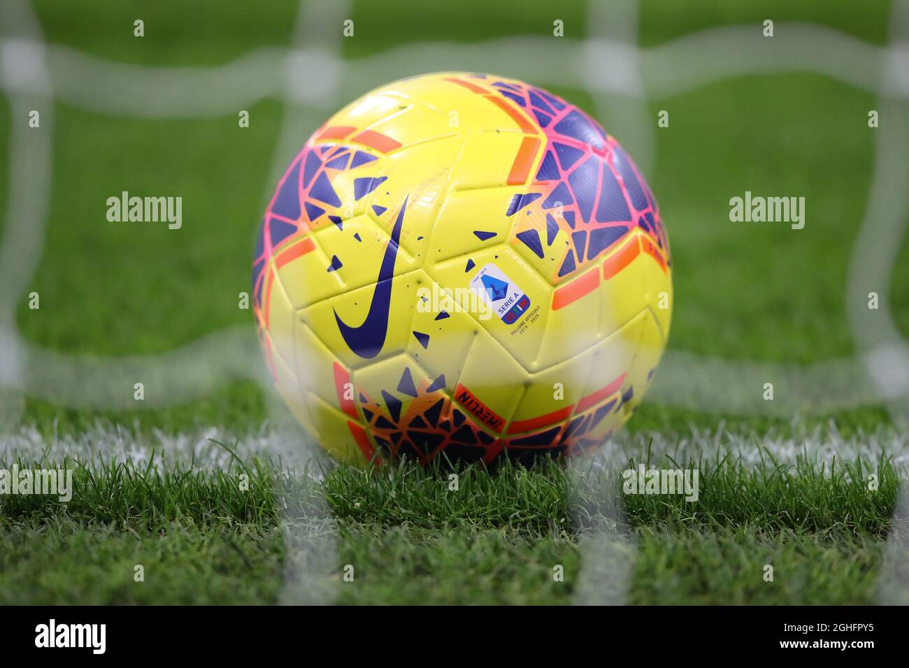 A Nike Merlin Official Serie A Matchball pictured on the goaline during the  Coppa Italia match at Giuseppe Meazza, Milan. Picture date: 28th January  2020. Picture credit should read: Jonathan Moscrop/Sportimage via