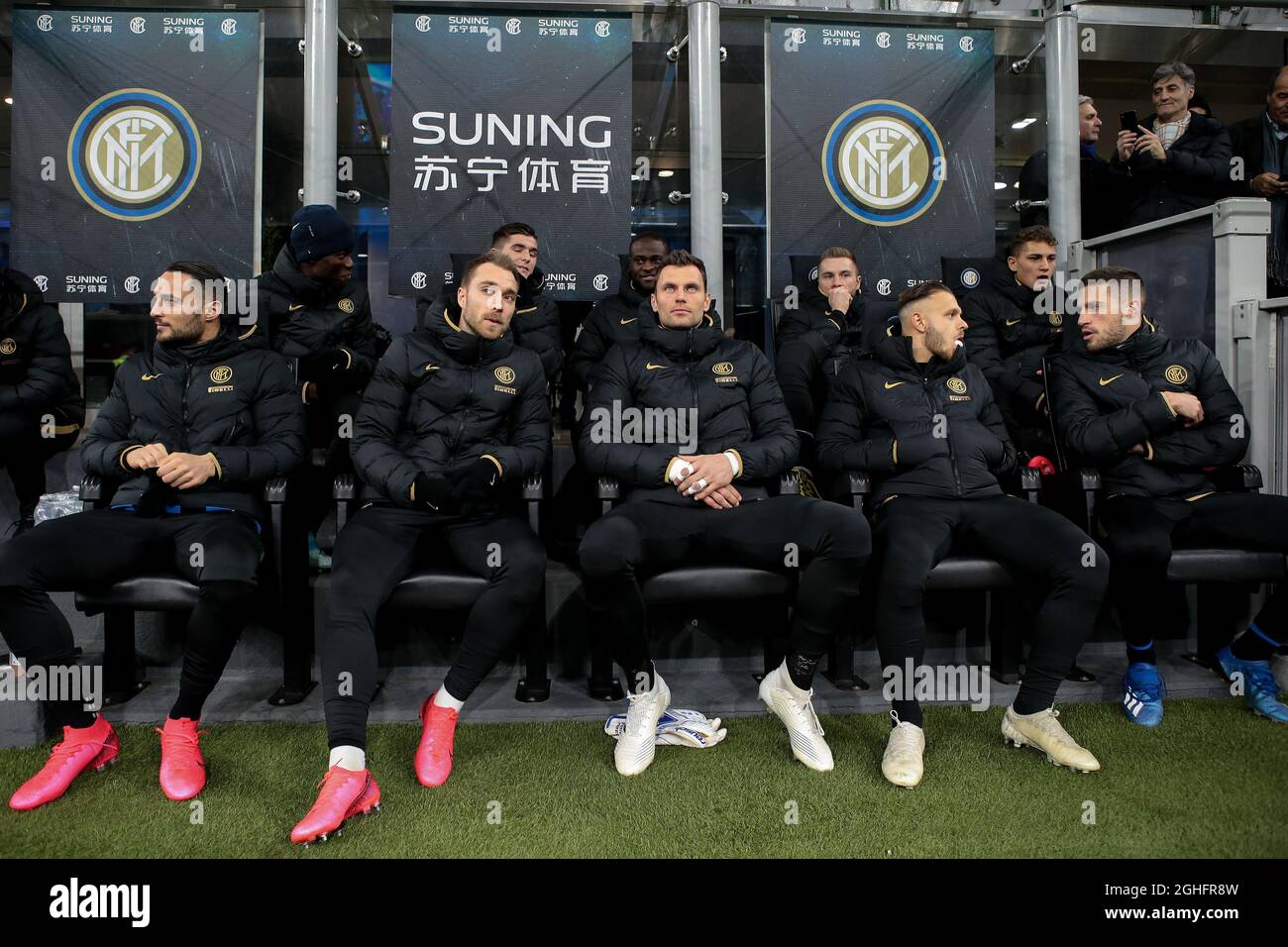 The Inter bench pictured before kick off, back row ( L to R ); Lucien Agoume, Lorenzo Pirola, Victor Moses, Milan Skriniar and Sebastiano Esposito, front row ( L to R ); Danilo D'Ambrosio, Christian Eriksen, Daniele Padelli, Federico Dimarco and Cristiano Biraghi during the Coppa Italia match at Giuseppe Meazza, Milan. Picture date: 29th January 2020. Picture credit should read: Jonathan Moscrop/Sportimage via PA Images Stock Photo