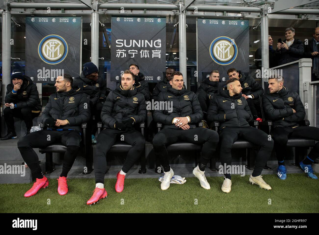 The Inter bench pictured before kick off, back row ( L to R ); Lucien Agoume, Lorenzo Pirola, Victor Moses, Milan Skriniar and Sebastiano Esposito, front row ( L to R ); Danilo D'Ambrosio, Christian Eriksen, Daniele Padelli, Federico Dimarco and Cristiano Biraghi during the Coppa Italia match at Giuseppe Meazza, Milan. Picture date: 29th January 2020. Picture credit should read: Jonathan Moscrop/Sportimage via PA Images Stock Photo