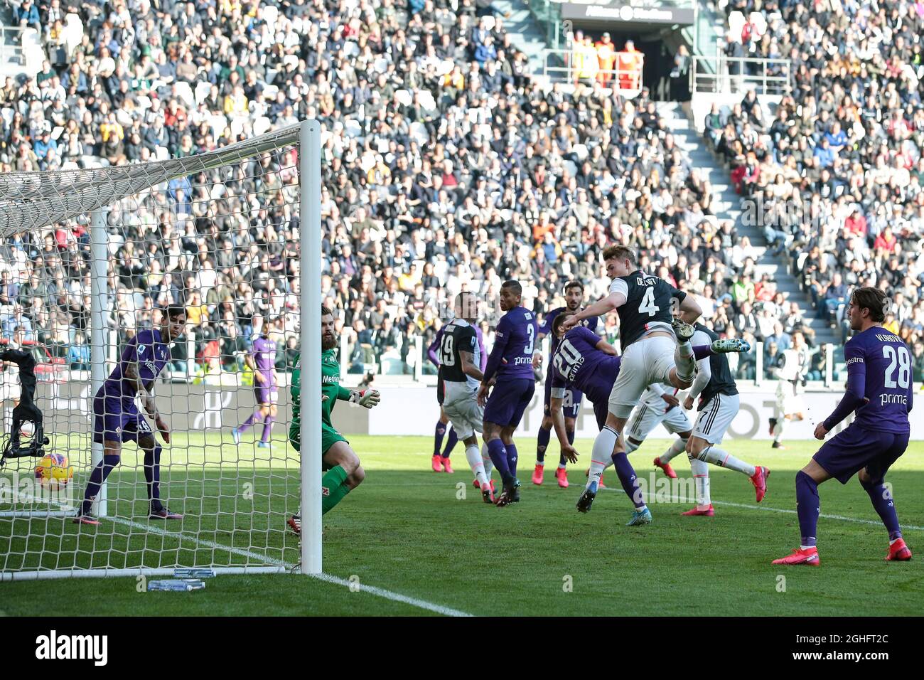 Matthijs De Ligt of Juventus scores to give the side a 4-0 lead during the Serie A match at Allianz Stadium, Turin. Picture date: 2nd February 2020. Picture credit should read: Jonathan Moscrop/Sportimage via PA Images Stock Photo