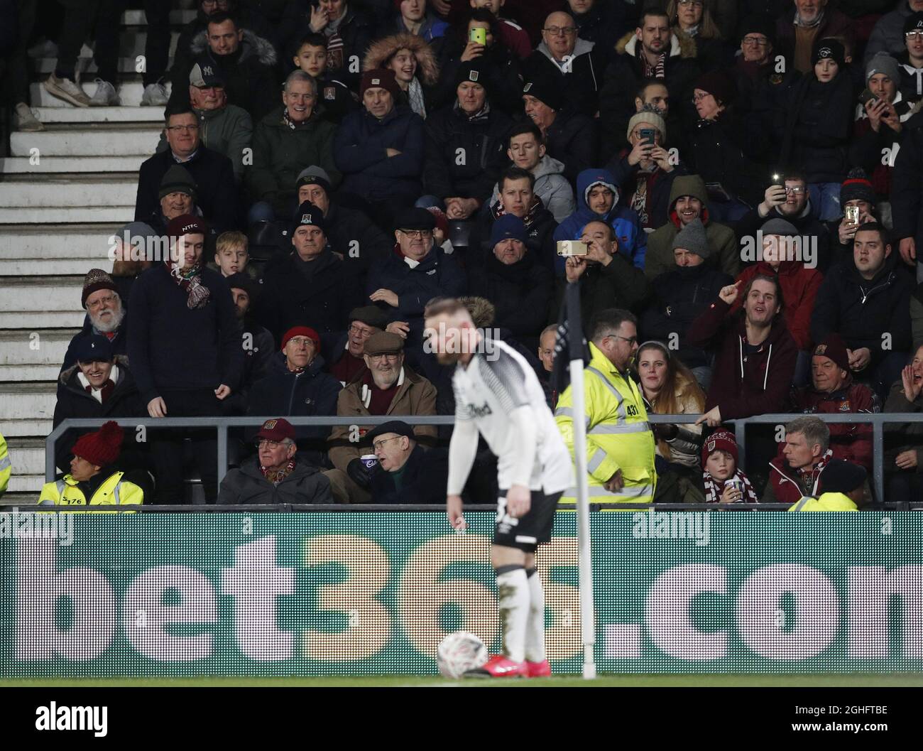 Northampton fans shout and the pictures of Wayne Rooney of Derby County during the FA Cup match at the Pride Park Stadium, Derby. Picture date: 4th February 2020. Picture credit should read: Darren Staples/Sportimage via PA Images Stock Photo