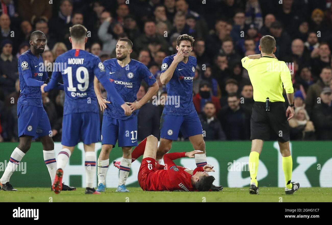 Marcos Alonso of Chelsea is order by the referee during the UEFA ...