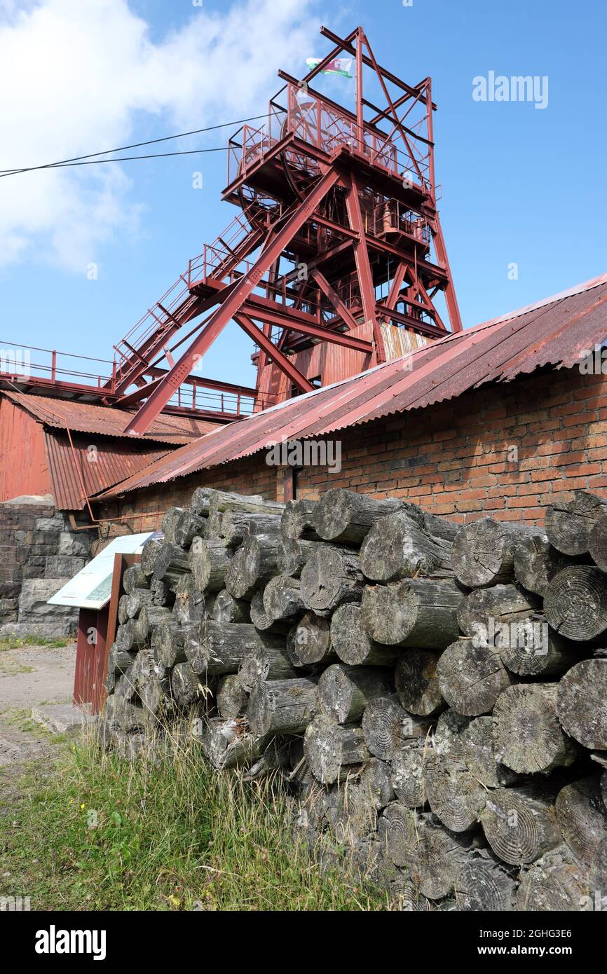 Big Pit National Coal Museum - pits props and winding tower at the preserved coal mine and World Heritage Site at Blaenavon Wales UK in September 2021 Stock Photo