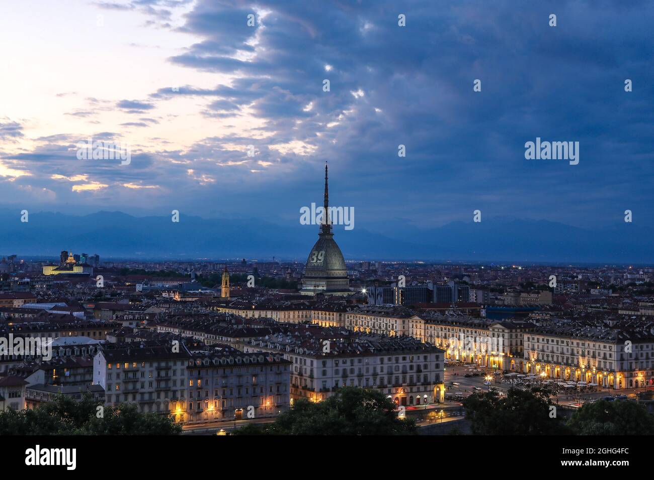 An image in memory of the thirty nine victims of the Heysel stadium disaster during the European Cup Final between Liverpool and Juventus in 1985, is projected onto the Mole Antonelliana, Turin. Picture date: 29th May 2020. Picture credit should read: Jonathan Moscrop/Sportimage via PA Images Stock Photo