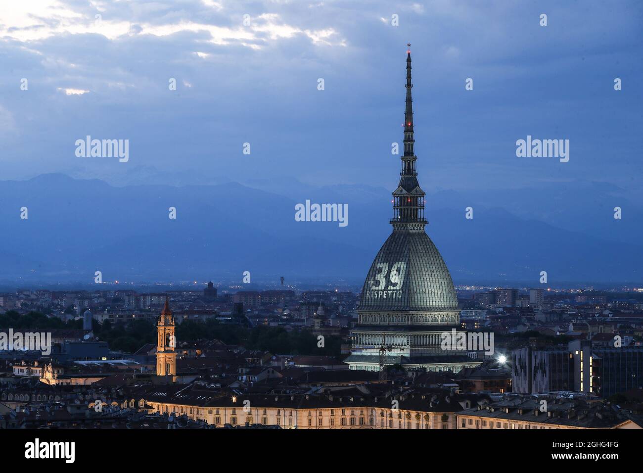 An image in memory of the thirty nine victims of the Heysel stadium disaster during the European Cup Final between Liverpool and Juventus in 1985, is projected onto the Mole Antonelliana, Turin. Picture date: 29th May 2020. Picture credit should read: Jonathan Moscrop/Sportimage via PA Images Stock Photo