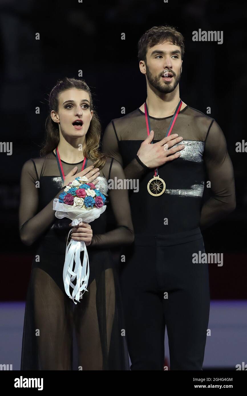 The Senior Ice Dance Gold medal winners Gabriella Papadakis and Guillaume Cizeron of France pictured on the medalists podium at Palavela, Turin. Picture date: 7th December 2019. Picture credit should read: Jonathan Moscrop/Sportimage via PA Images Stock Photo