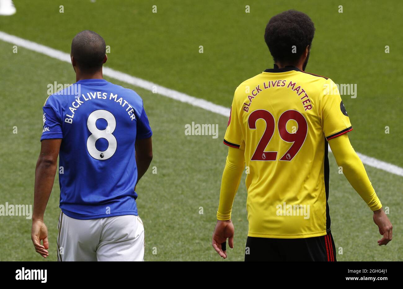 Black Lives Matter replaces the players names on the back of the players shirts during the Premier League match at Vicarage Road, Watford. Picture date: 20th June 2020. Picture credit should read: Darren Staples/Sportimage via PA Images Stock Photo