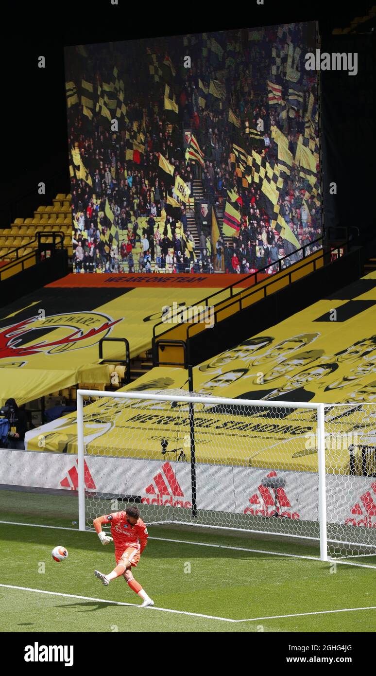 Ben Foster of Watford takes a goal kick in front of the giant screen showing the fans pictures during the Premier League match at Vicarage Road, Watford. Picture date: 20th June 2020. Picture credit should read: Darren Staples/Sportimage via PA Images Stock Photo