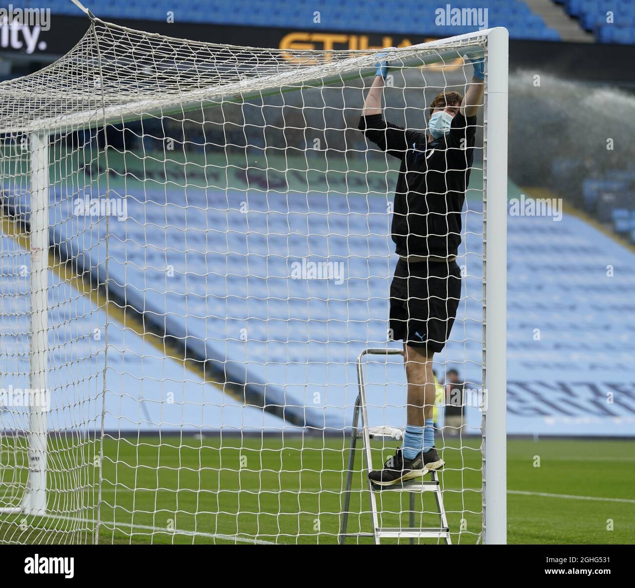 Crossbars and goalposts are sterilised before the game startdduring the