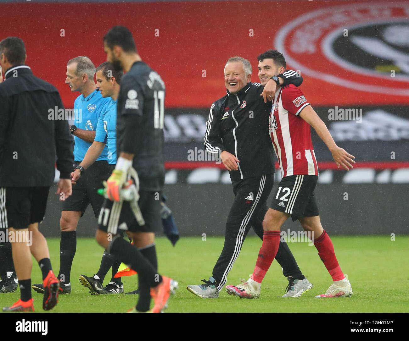 Chris Wilder manager of Sheffield Utd celebrates with match winner John Egan of Sheffield Utd during the Premier League match at Bramall Lane, Sheffield. Picture date: 8th July 2020. Picture credit should read: Simon Bellis/Sportimage via PA Images Stock Photo