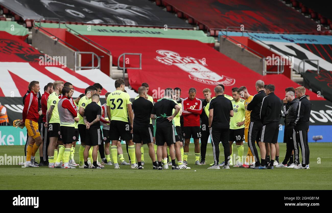 Chris Wilder manager of Sheffield Utd addresses the squad during the Premier League match at St Mary's Stadium, Southampton. Picture date: 26th July 2020. Picture credit should read: Simon Bellis/Sportimage via PA Images Stock Photo