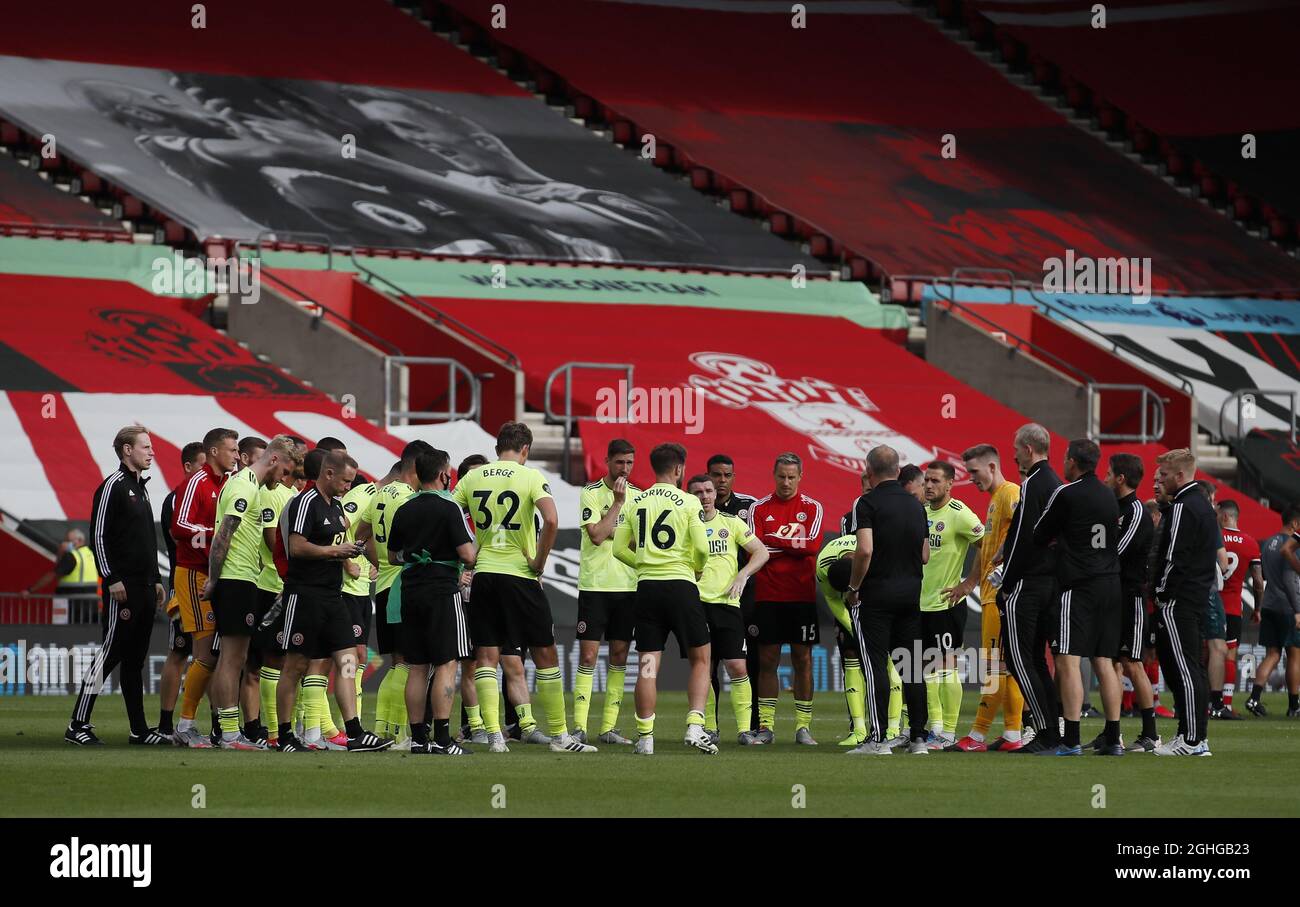 Chris Wilder manager of Sheffield Utd addresses the squad during the Premier League match at St Mary's Stadium, Southampton. Picture date: 26th July 2020. Picture credit should read: Simon Bellis/Sportimage via PA Images Stock Photo