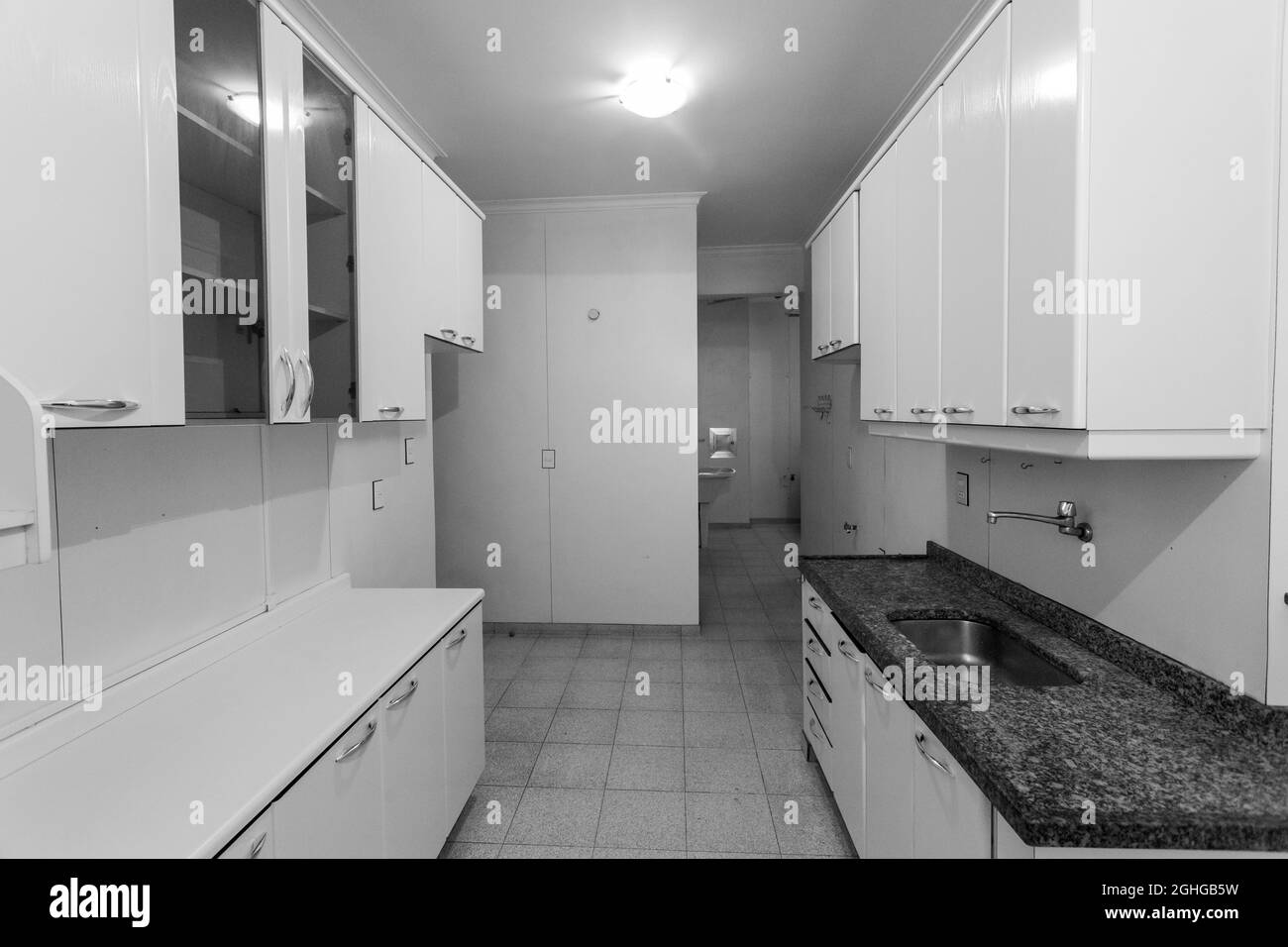 Greyscale view of the kitchen in the apartment, with shelves, sink Stock Photo