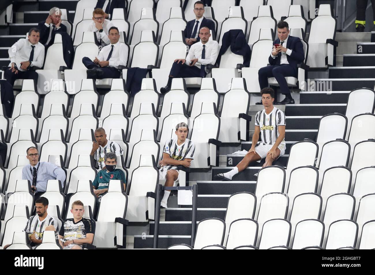 Cristiano Ronaldo of Juventus waits for the trophy presentation along with Paulo Dybala, Douglas Costa, Sami Khedira and Matthijs De Ligt during the Serie A match at Allianz Stadium, Turin. Picture date: 1st August 2020. Picture credit should read: Jonathan Moscrop/Sportimage via PA Images Stock Photo
