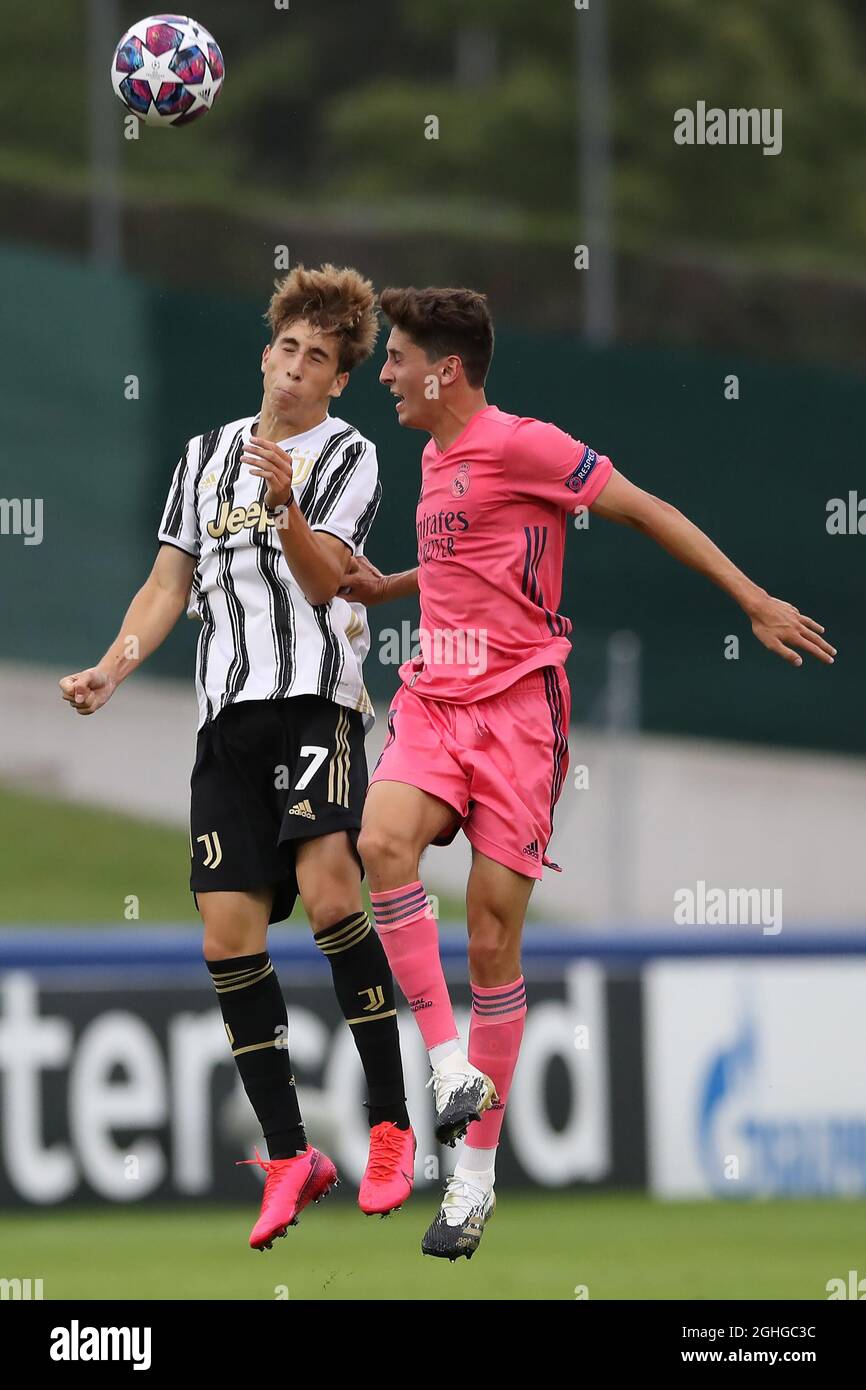 Fabio MIretti of Juventus and Carlos Gonzalez of Real Madrid duel for an aerial ball during the UEFA Youth League match at Colovray Sports Centre Nyon. Picture date 16th August 2020. Picture