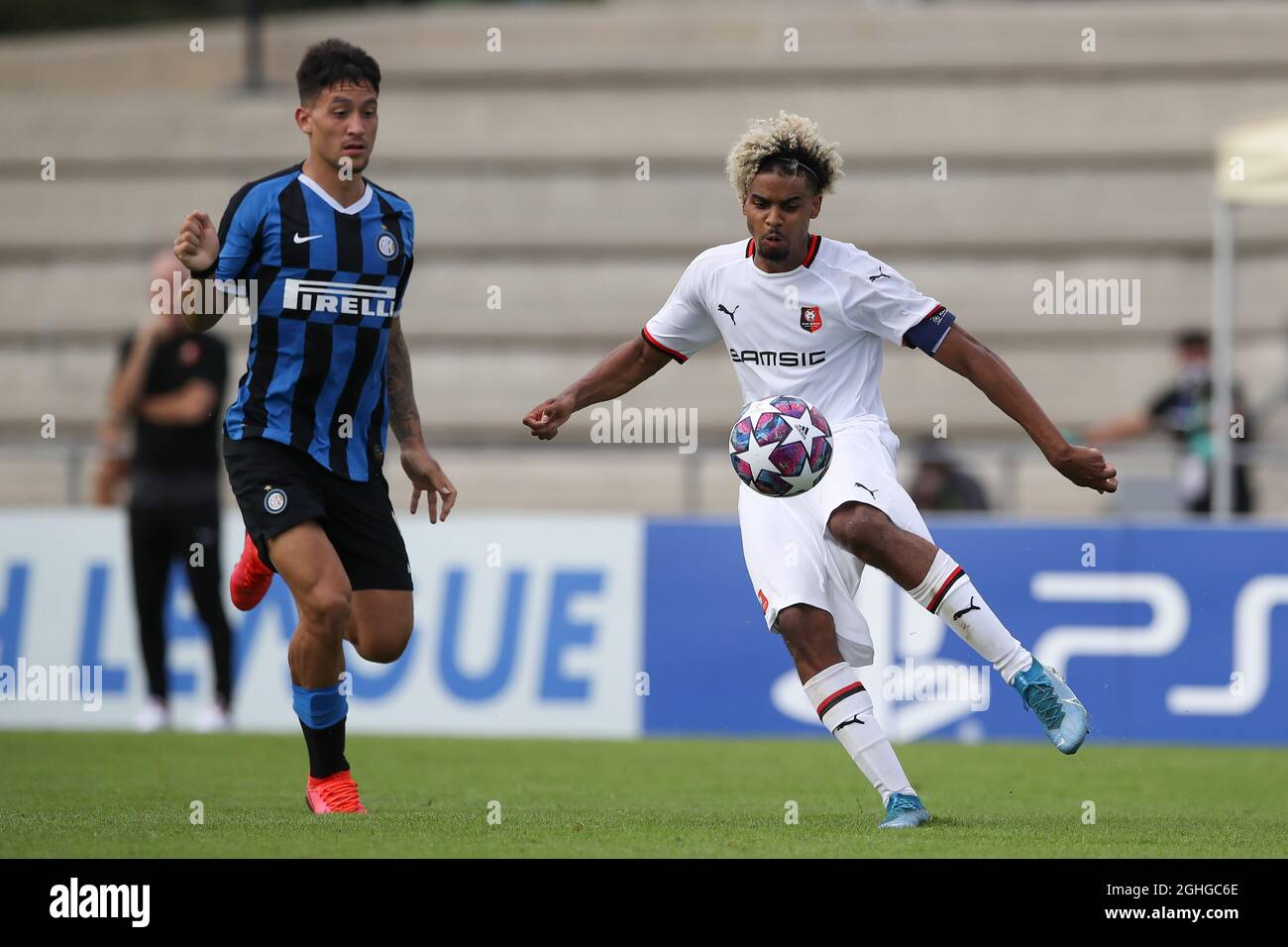 Lorenzo Assignon of Rennais clears the ball from Martin Adrian Satriano Costa of Internazionale during the UEFA Youth League match at Colovray Sports Centre, Nyon. Picture date: 16th August 2020. Picture credit should read: Jonathan Moscrop/Sportimage via PA Images Stock Photo