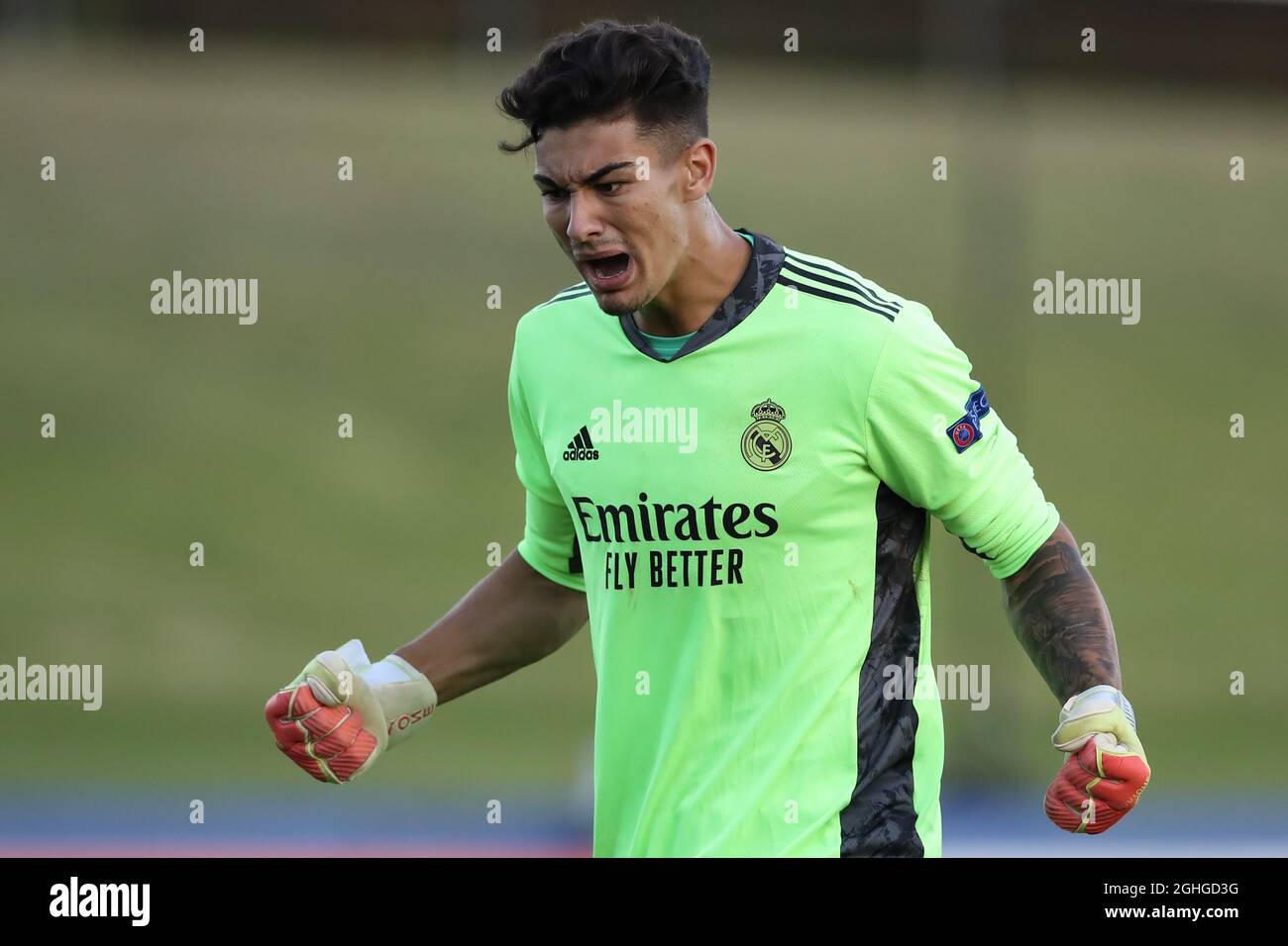 Luis Lopez of Real Madrid reacts after the final whistle of the UEFA Youth League match at Colovray Sports Centre, Nyon. Picture date: 22nd August 2020. Picture credit should read: Jonathan Moscrop/Sportimage via PA Images Stock Photo